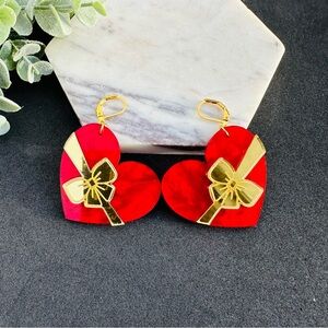 Red Heart Earrings with Gold Bow Valentine’s Day gifts